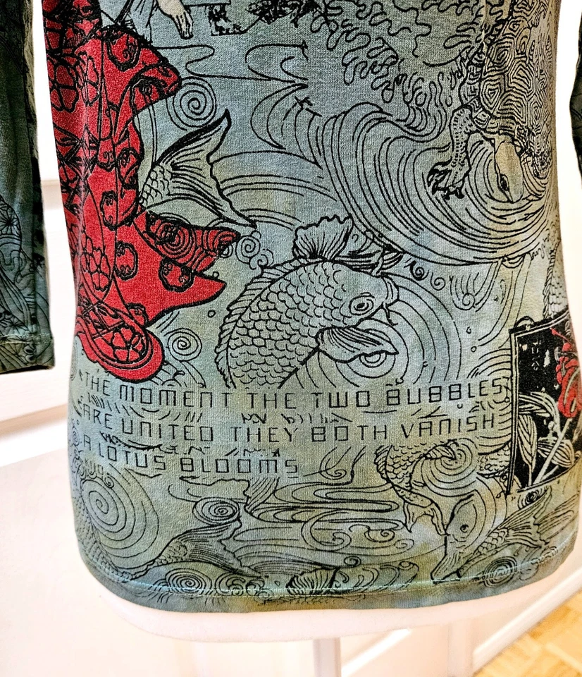 РЕДКИЙ новый Y2K GLIMA зеленый красный галстук краситель печати Японии гейша хлопок блузка верхний S - Изображение 4 из 4