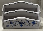 Vintage Table Top Organizer Wooden White With Blue Floral Print Country Farm