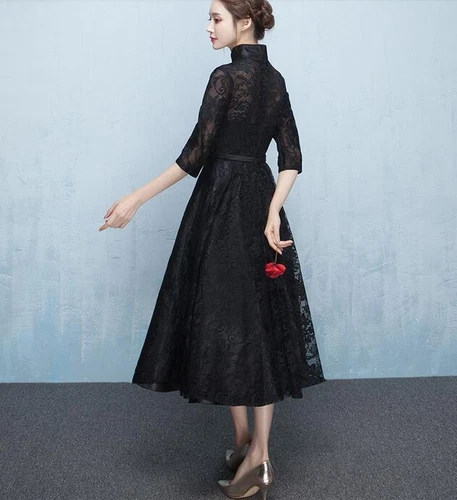 Chinesischer Stil Spitze Blumen Langarm schwarz Kleider Damen formell Cocktailkleid - Bild 9 von 17