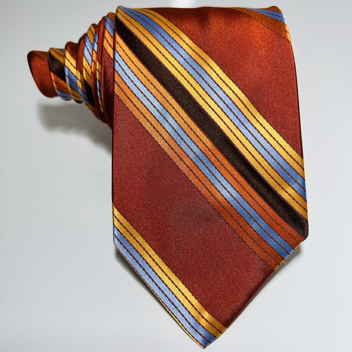 VALENTINO Orange Designer Silk Tie w Blue&Brown Stripes 59.5x3.25