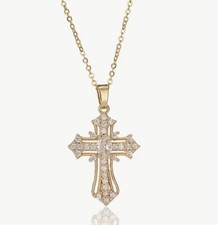 Gold Cubic Zirconia Cross Shape Necklace Pendant Bling Jewelry