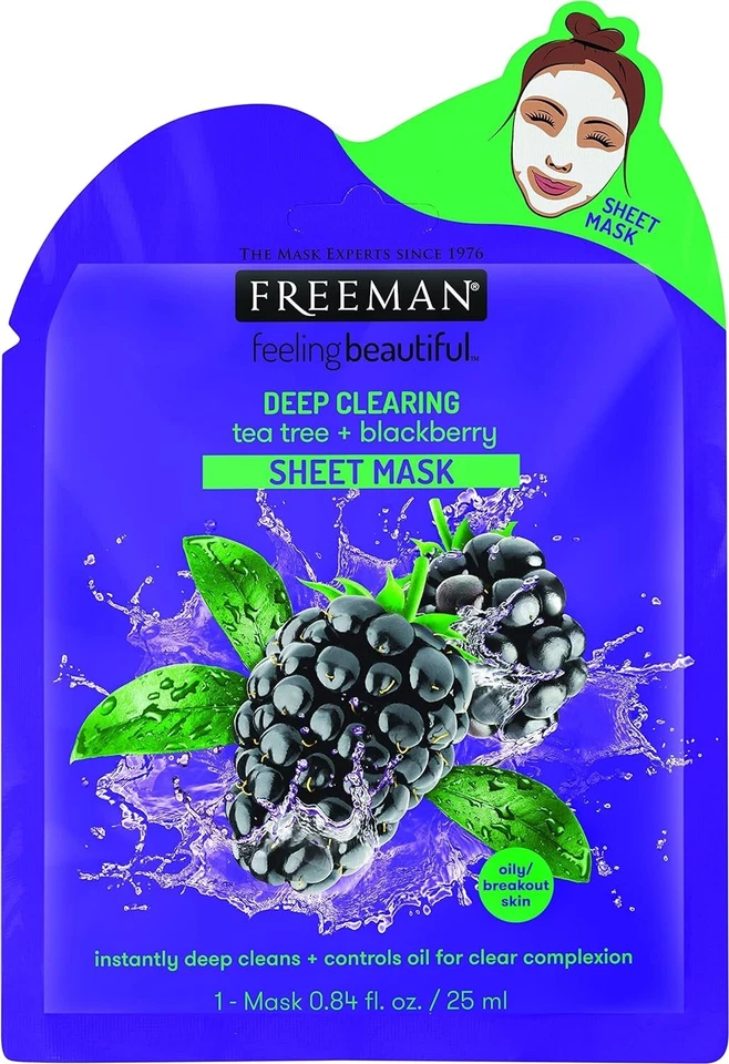 Máscara de hoja Freeman árbol de té de limpieza profunda + mora 0,84 OZ juego de 6 Foto 2 de 4
