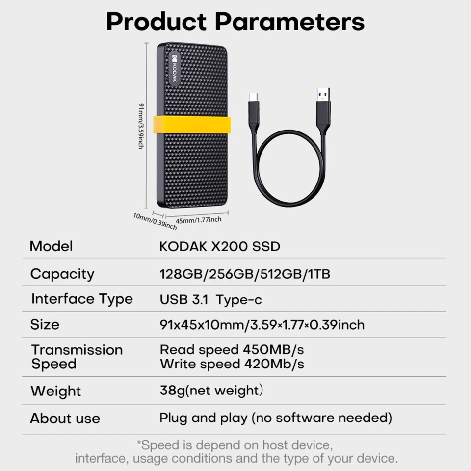 KODAK Ultra Fast SSD X200 Solid State External Hard Drive 256GB 512GB 1TB - Image 2 of 4