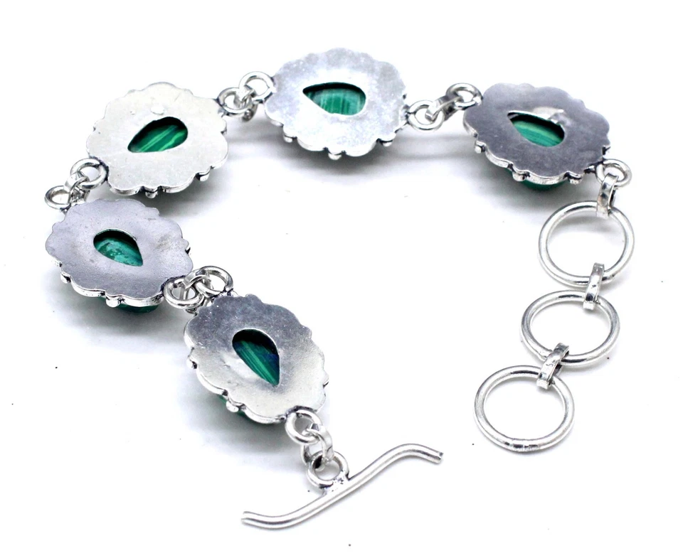Pulsera de plata de ley 925 con piedras preciosas de malaquita hecha a mano para joyería tamaño-7-8" Foto 3 de 4