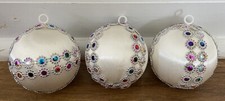 Lot of 3 Homemade Christmas Ornaments White Satin ball covered w/beaded ribbon