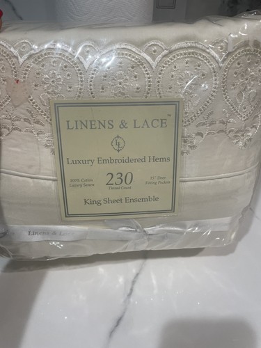 Linens & Lace 230TC Luxury Embroidered Hems King Sheet Set Ivory.Brand New! - Picture 2 of 8