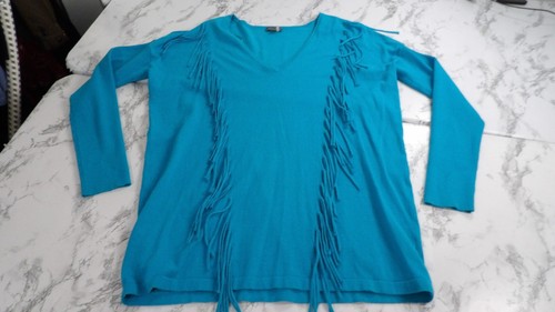 Vince Camuto Turquoise Blue V-Neck Fringe Knit Sweater Pullover Size Medium - Picture 8 of 15