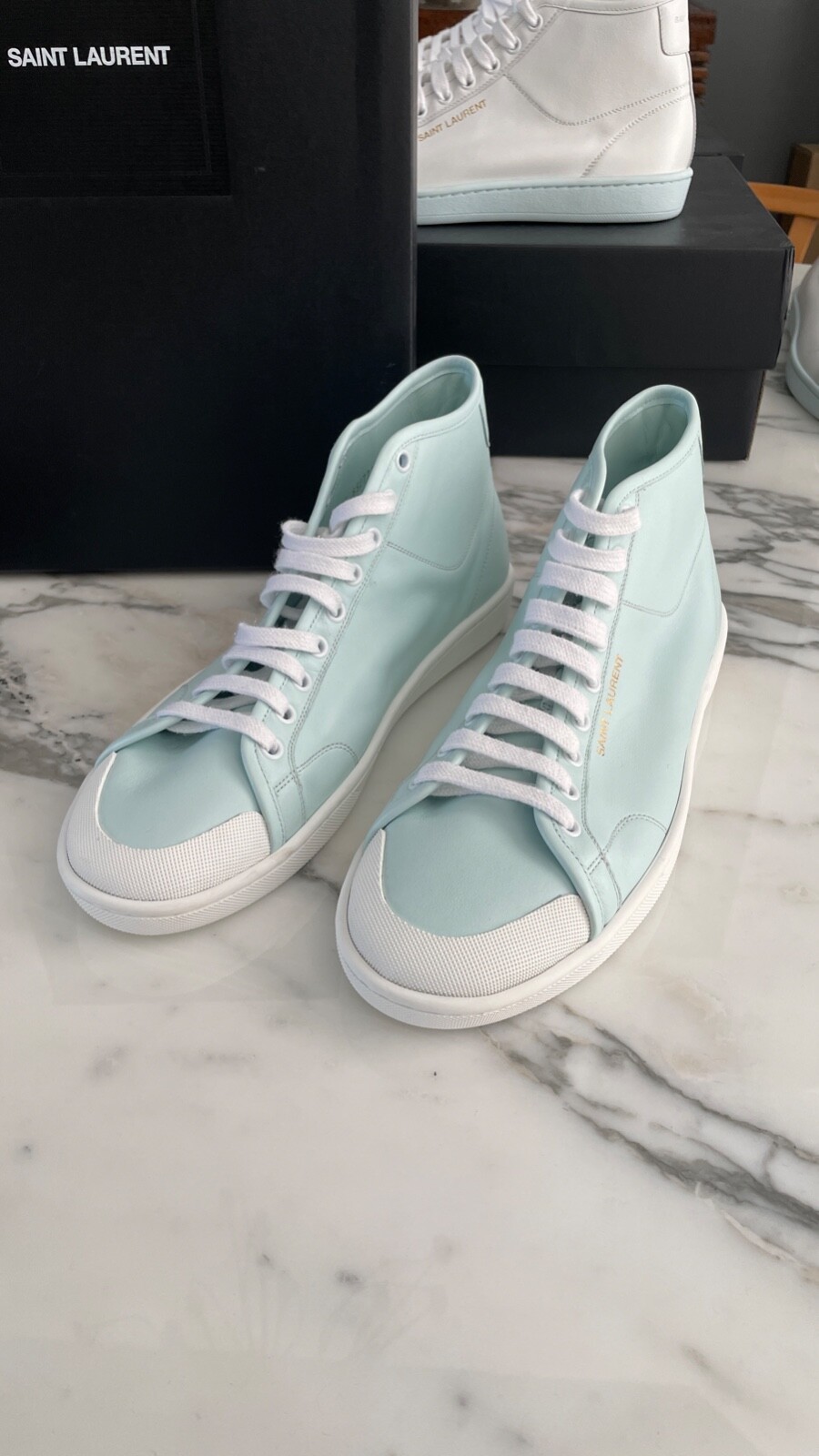 SAINT LAURENT 652773 scarpe alte uomo blu pelle suola bianca misura 42 45 5