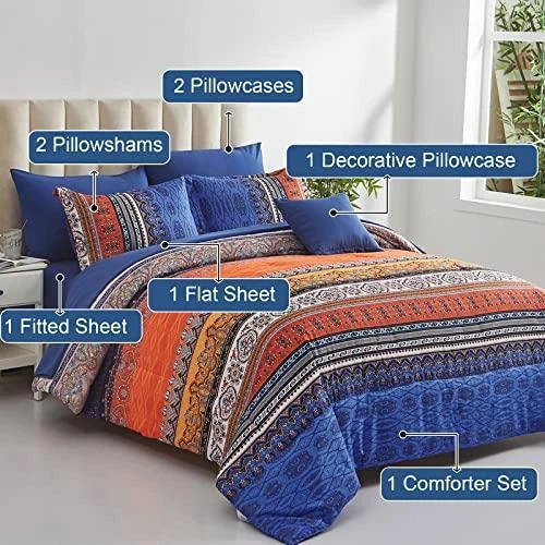 Juego de edredón bohemio tamaño queen 8 piezas cama en bolsa ropa de cama bohemia a rayas Foto 2 de 4