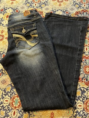 LEI Womens Sophia Hipster Flare Stretch Blue Denim Jeans Size