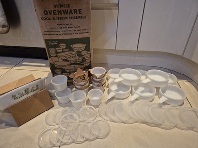 Vintage Glasbake Queen Victoria 22-teiliges Ofengeschirr-Set grün & weiß in Box