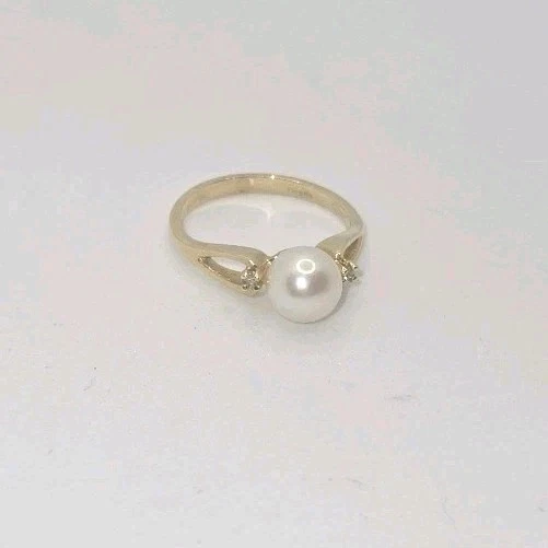 Anel solitário pérola cultivada ouro amarelo 14K pérola e diamante Reeds tamanho 7 em excelente estado usado - Imagem 4 de 4