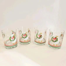 4 Libbey Glass Christmas Goose Duck Double Old Fashioned Rocks Wreath Dots