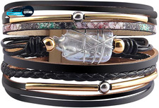 Leopard Bracelet for Women Boho Leather Wrap Multi-Layer Pearl Crystal Bracelet