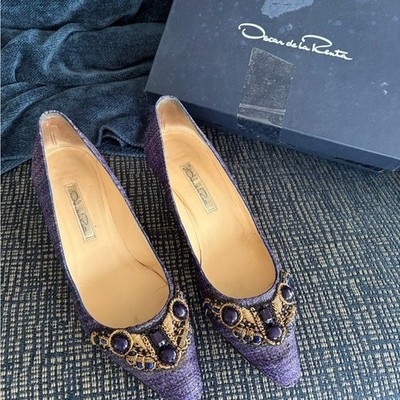 Oscar de la Renta Purple Textured Heels with embellishments