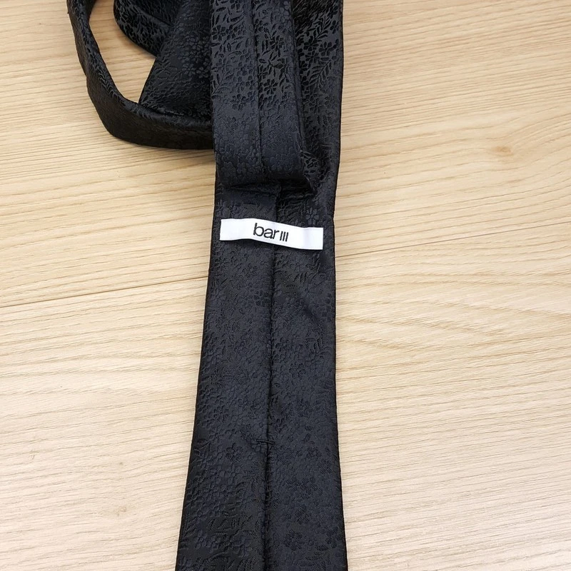 BAR III Mens Neck Tie Solid Black Floral Jacquard Skinny Textured Silk Blend - Image 4 of 4
