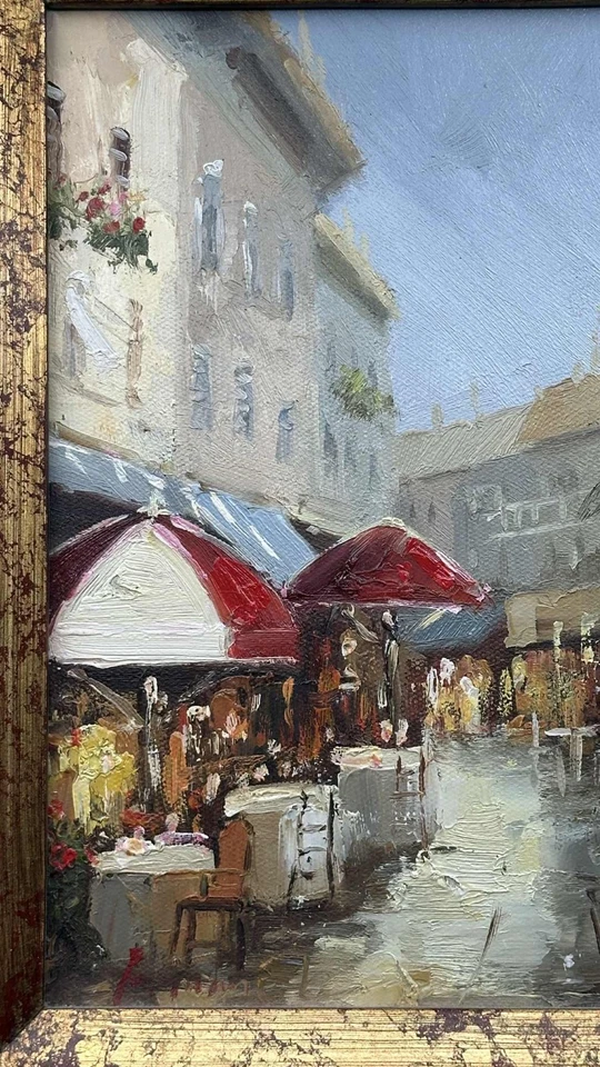 Framed Original Oil Painting, European Street Café Scene, Impressionist Style  - Image 4 of 4
