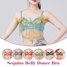 Womens Sequins Belly Dance Tops Raves Festival Party Clubwear Beaded Tassels Bra