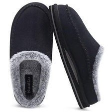 Mens Clog Slippers with Arch Support Suede Faux Fur Memory Foam Warm 10 Black