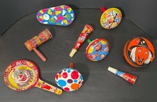 Lot of 9 Vintage Metal Noisemakers Tin Litho Clowns Witch Horns 1950s  70s