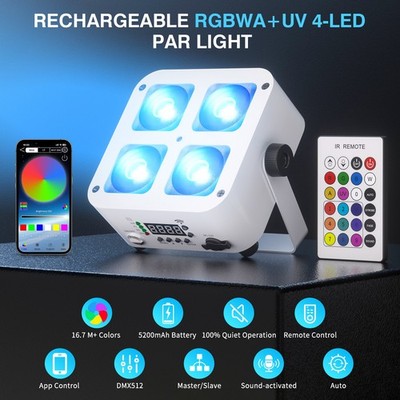 4X 25W Rechargeable Par Light 6IN1 RGBWA+UV DMX APP Party DJ KTV Disco Show Xmas
