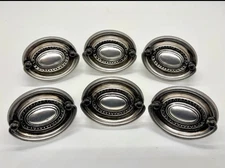 6 Vintage Oval Hepplewhite Pewter Color Metal Drawer Pulls W Screws