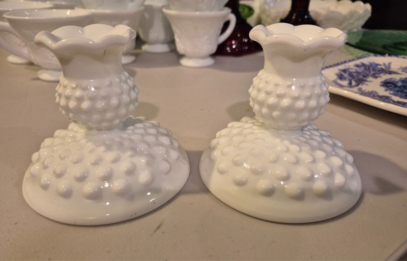 Set of 2 Vintage hobnail milk glass candle holders EUC