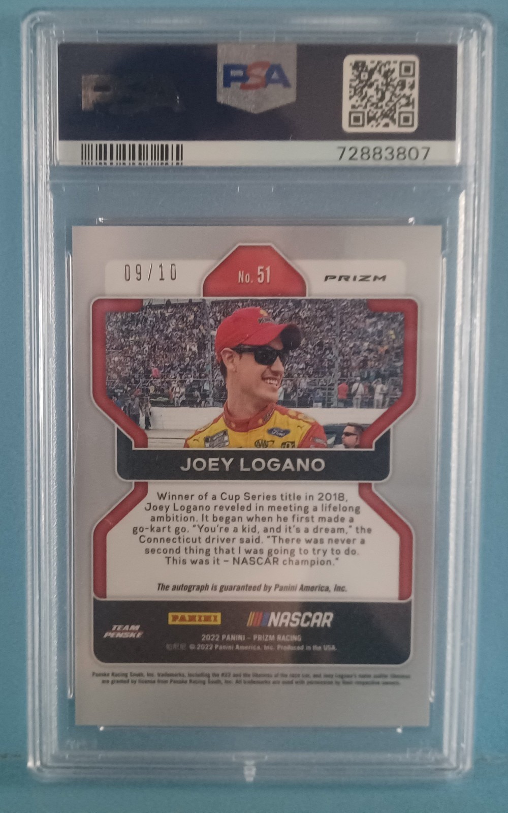 2022 PRIZM NASCAR JOEY LOGANO #9/10 GOLD PRIZM PSA 9 MINT SSP view 2