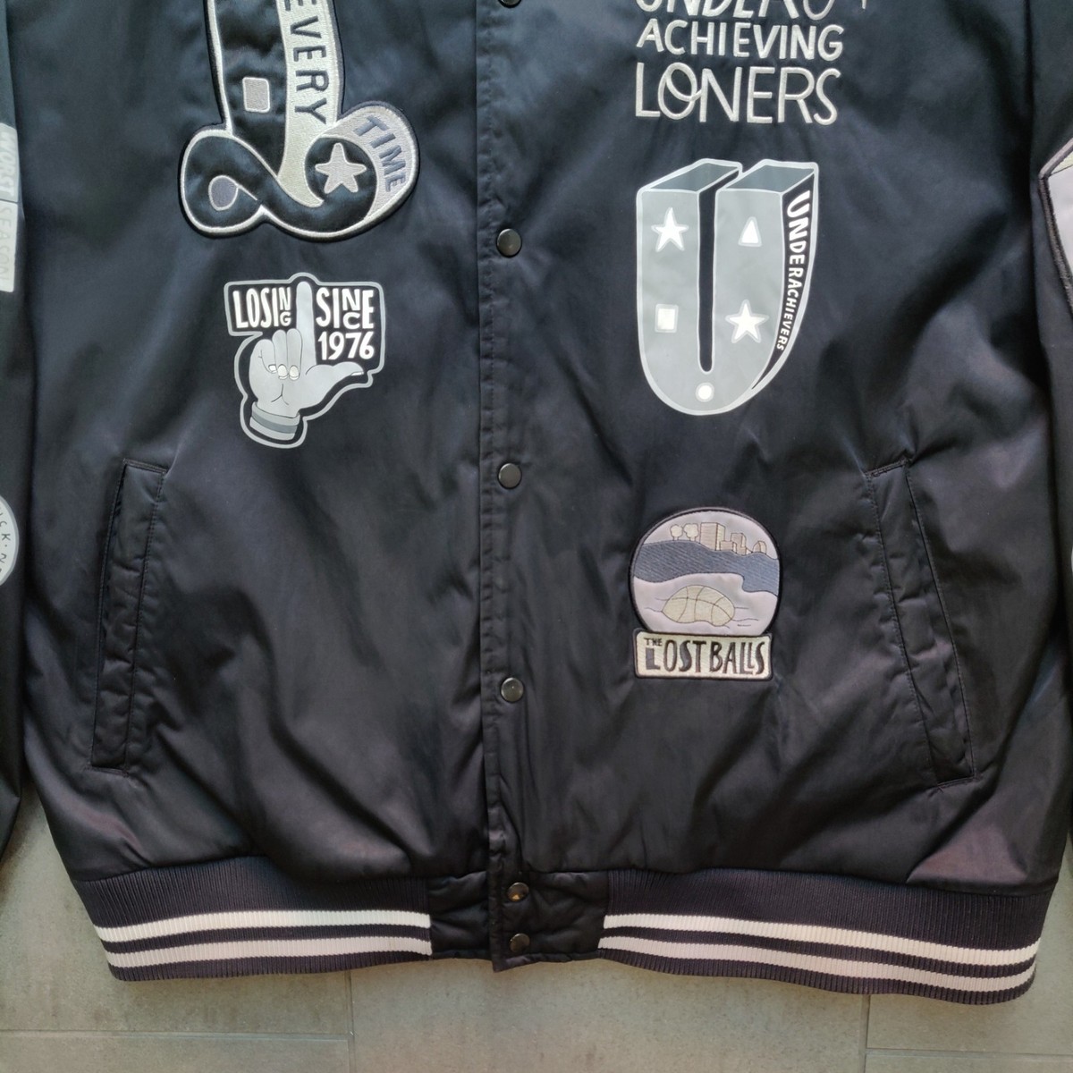 2009 Nike x Parra Black Nylon Quilted Lining Varsity Bomber Jacket