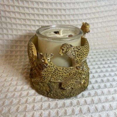 Lifelike Resin Cheetah  Candle Holder W/candle In Nice Glass