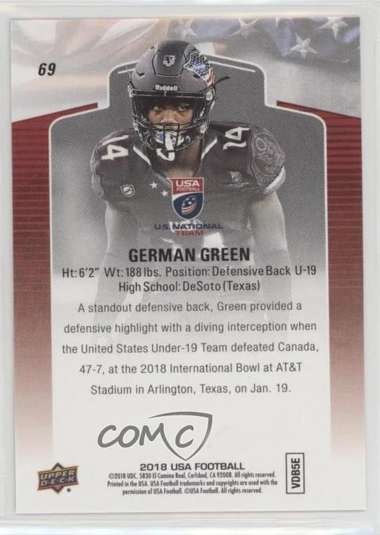 2018 Upper Deck USA Football Blue Border German Green #69 - Image 2 of 2