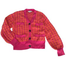 Free Assembly Textured Grid Knit Button Cardigan Sweater Pink Orange Small