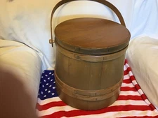 Furkin Antique Wood Four finger straps bail lid Sewing sugar Bucket 13”x12”x11.5