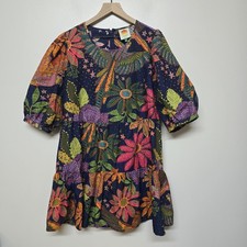 Farm Rio Womens Cool Macaw Navy Colorful Tiered Mini Dress Puff Sleeves Sz XL
