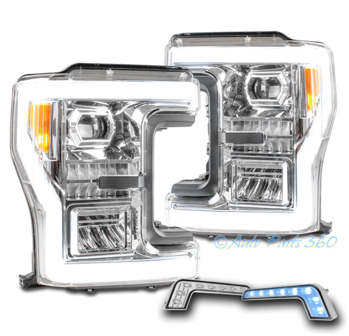 For 17-19 Ford F250 F350 Super Duty Full LED Projector Chrome Headlight+Blue DRL