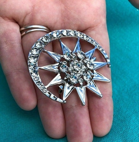 Art Deco Style Crystal SILVER STAR CRESCENT MOON BROOCH Shawl Pin Jewellery - Picture 7 of 12