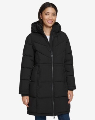 DKNY Womens Long Puffer Jacket / Coat- Black - Size Small NEW