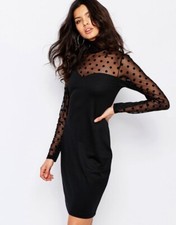 Y.A.S. High Neck Black Mesh Polka Dot Bodycon Dress, Size Small (8-10) BNWT