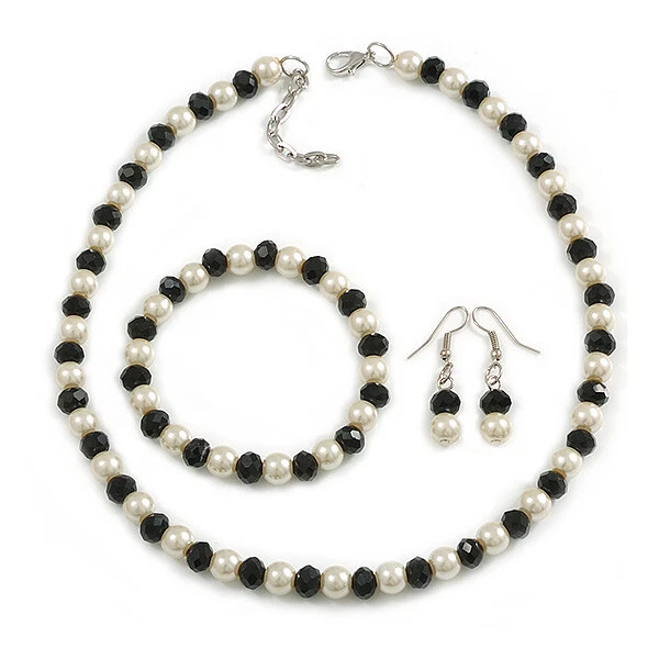 8mm Black Glass Bead and White Faux Pearl Necklace Flex Bracelet