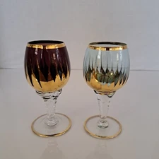 Cordial Aperitif Glasses Hand Blown Blue Burgundy Gold Clear Set Of 2 Vintage