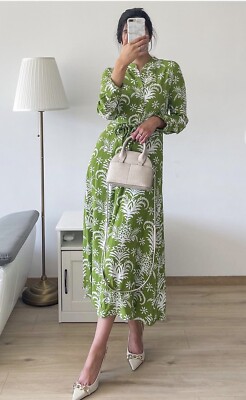 green and white midi dress with sleeves NWT_ZARA WOMAN BELTED PRINTED FLOWY Size S_5216/046 SS22 10.24_EssentialsSale