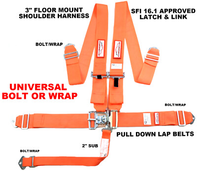 UNIVERSAL RACE HARNESS 5 POINT LATCH & LINK FLOOR MOUNT SEAT BELT SFI 16.1