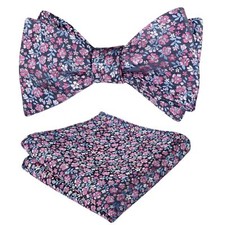 Mens Floral Pattern Self-tied Bow Tie with Pocket Square Colorful Tie Set Nav...