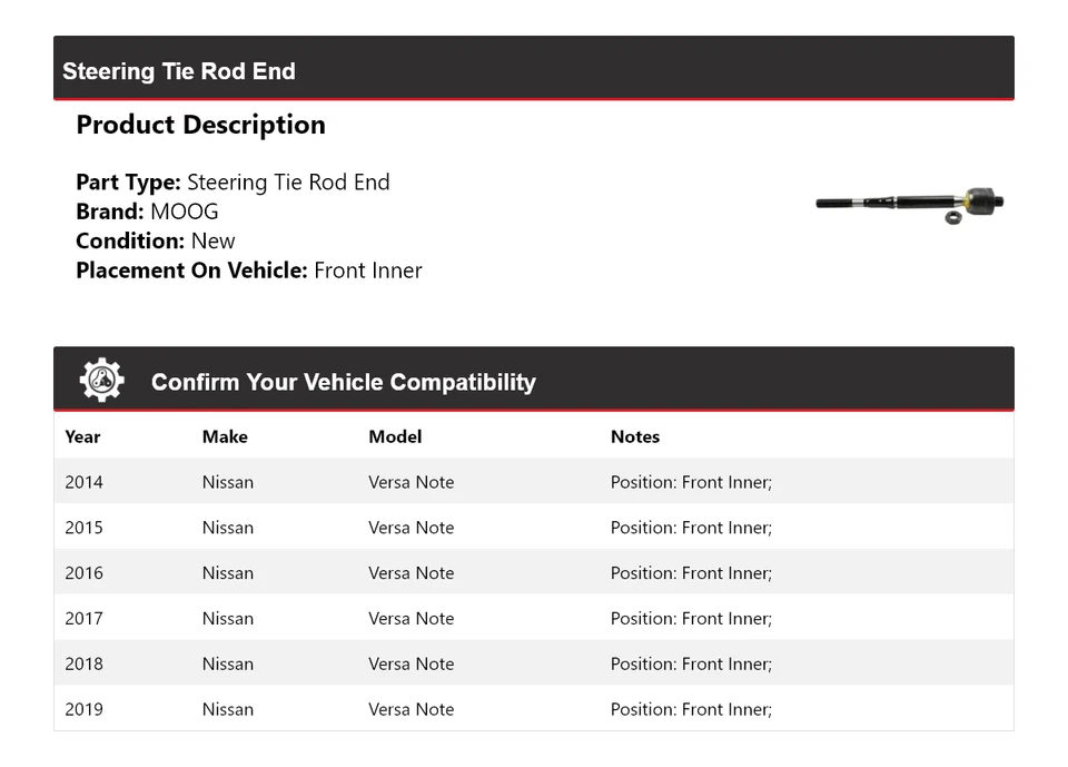 Para Nissan Versa Note 2014-2019 extremo de barra de dirección interior delantero MOOG 2014 2015 Foto 2 de 4