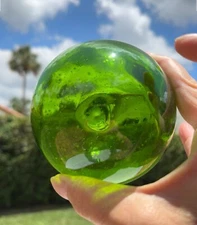Vintage Blenko Style Green Bubble Glass Orb Float Ball Handblown Art Glass 4 in.
