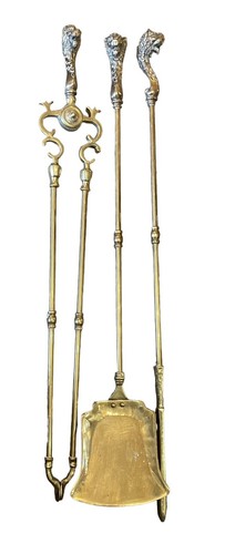 Fire Companion Antique Brass lion head fire irons Circa 1920 Poker Shovel Tongs - Picture 5 of 10