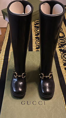 NEW GUCCI Women's Knee-High Boot With Horsebit in Black Rubber Sz