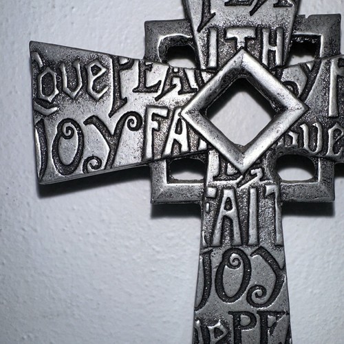 Vintage Carson Pewter/Aluminum Alloy Cross Crucifix Peace Joy Love Faith 9" Tall - Picture 7 of 16