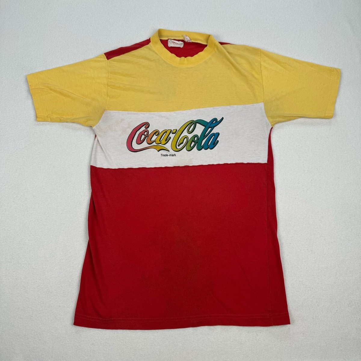 Vintage Coca Cola Shirt Size Small Yellow Red Colorblock Spellout 