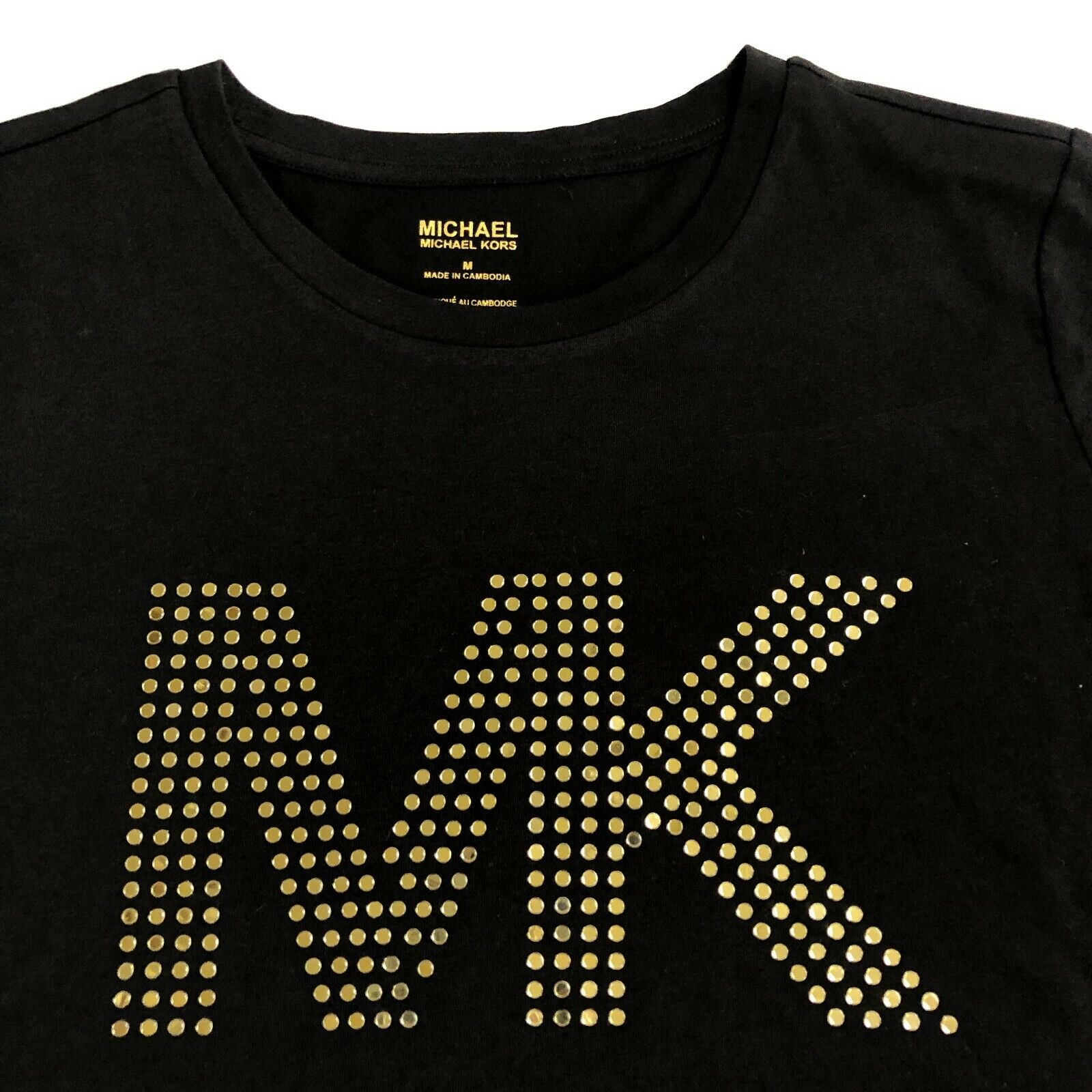 NWT Womens Michael Kors Black T-shirt Gold Sequin MK Logo Gold Mirrored S M  L XL